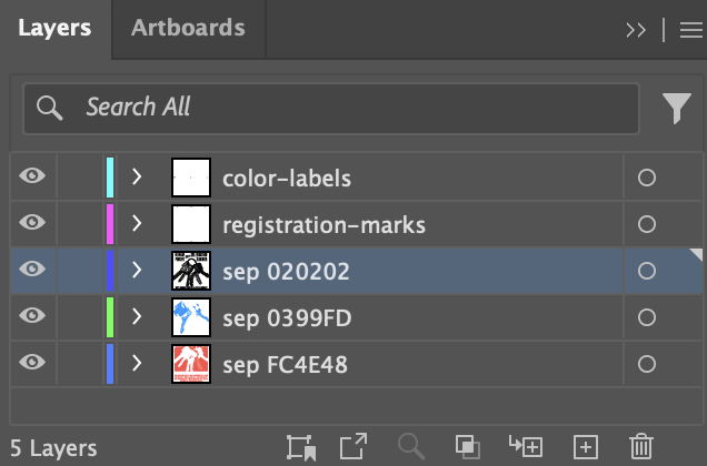 Illustrator layers panel showing separated color layers
